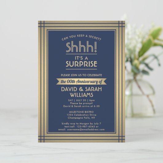 Jubileum Surprise Party Shhh! Navy blauw en goud Kaart (Staand voorkant)