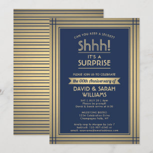 Jubileum Surprise Party Shhh! Navy blauw en goud Kaart