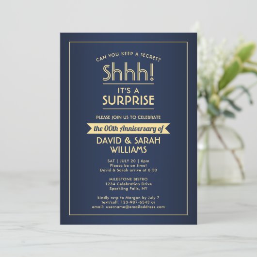 Jubileum Surprise Party Stijlvol Navy Blue Gold Kaart (Staand voorkant)