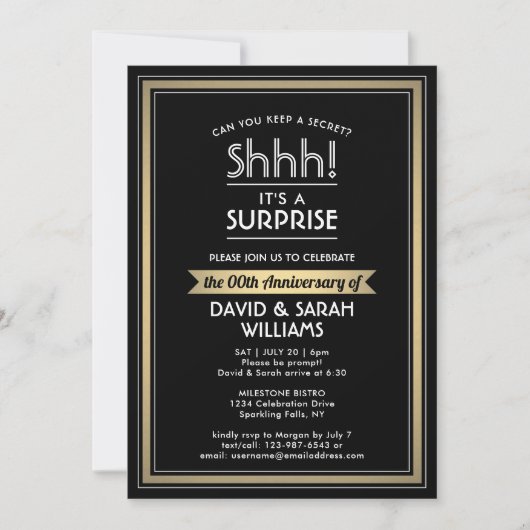 Jubileum Surprise Party Zwart, Wit en Goud Kaart (Voorkant)