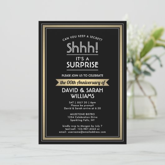 Jubileum Surprise Party Zwart, Wit en Goud Kaart (Staand voorkant)