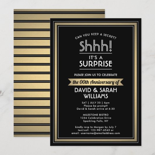 Jubileum Surprise Party Zwart, Wit en Goud Kaart (Voorkant / Achterkant)