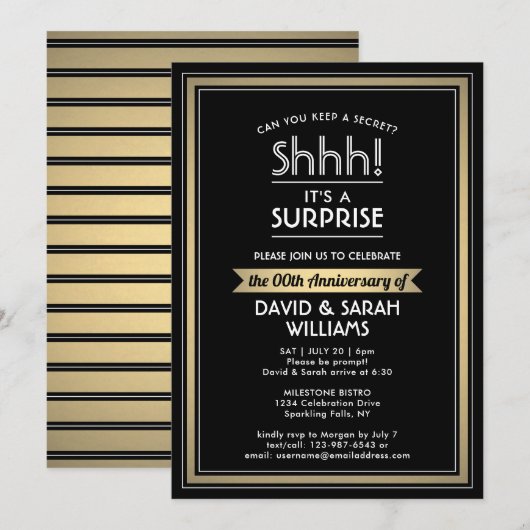 Jubileum Surprise Party Zwart, Wit en Goud Kaart (Voorkant / Achterkant)