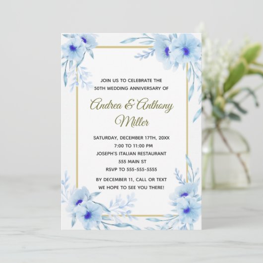 Jubileum Uitnodiging Floral Blue Gold (Staand voorkant)