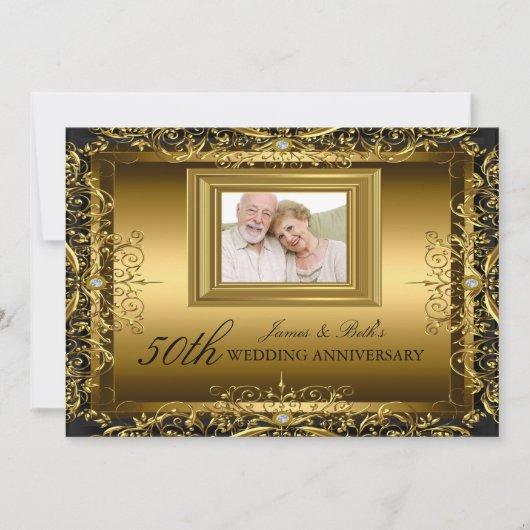 Jubileum Uitnodiging Jewel Damask Goud 50 Jaar Get (Voorkant)
