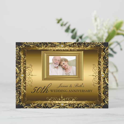Jubileum Uitnodiging Jewel Damask Goud 50 Jaar Get (Staand voorkant)