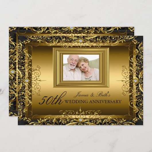 Jubileum Uitnodiging Jewel Damask Goud 50 Jaar Get (Voorkant / Achterkant)