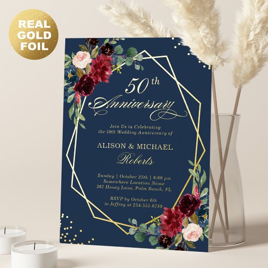 Jubileum van de Bourgogne Floral Geometric Wedding Folie Uitnodiging