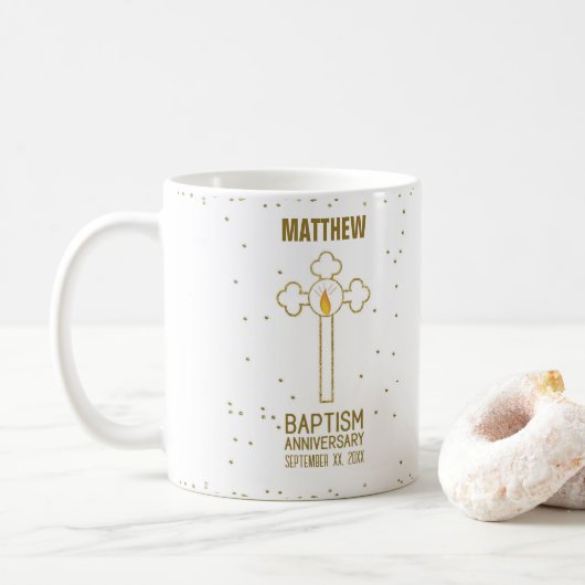 Jubileum van de doop Gouden Kruis Gepersonaliseerd Koffiemok (Met donut)