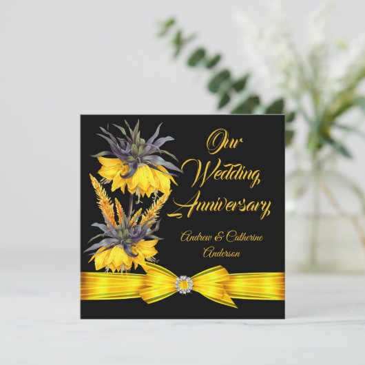 Jubileum van het huwelijk Exotic Yellow Floral Bla Kaart (Staand voorkant)
