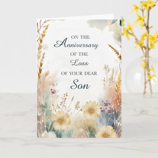 Jubileum van het verlies van een zoon met wilde bl kaart (Gele Bloem)