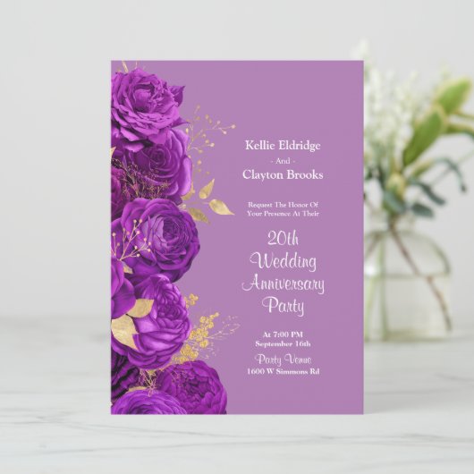 Jubileum van Paarse en goudbloedige bruiloft Kaart (Staand voorkant)