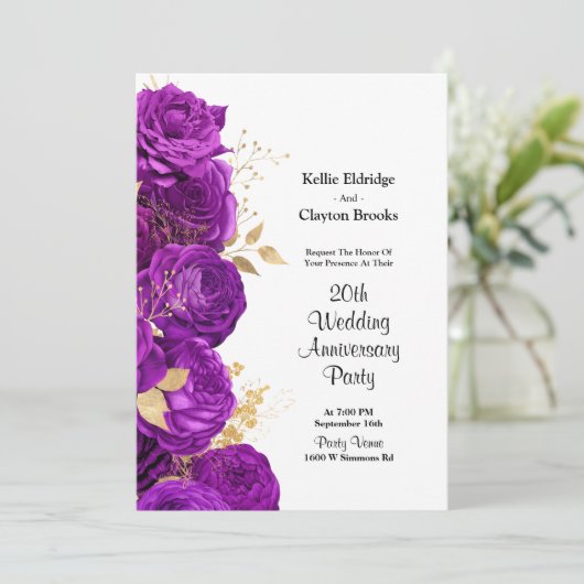 Jubileum van Paarse en goudbloedige bruiloft Kaart (Staand voorkant)