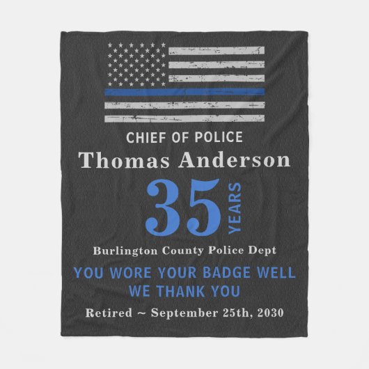 Jubileum van politie-aftredingscadeau met blauwe l fleece deken (Voorkant)