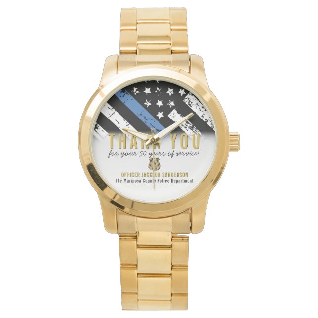 Jubileum van politie-pensionering met blauwe lijn horloge (Voorkant)