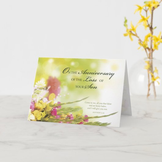 Jubileum van verlies van zoon, dood, bloemen, groe kaart (Gele Bloem)