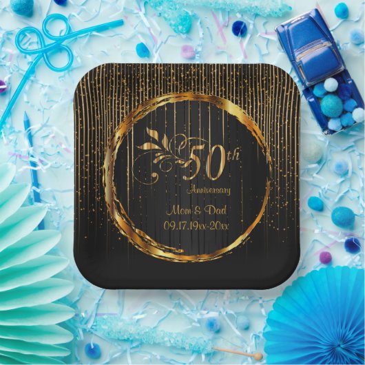 Jubileum voor 50e bruiloft met zwarte & goudsparkl papieren bordje (Feest)