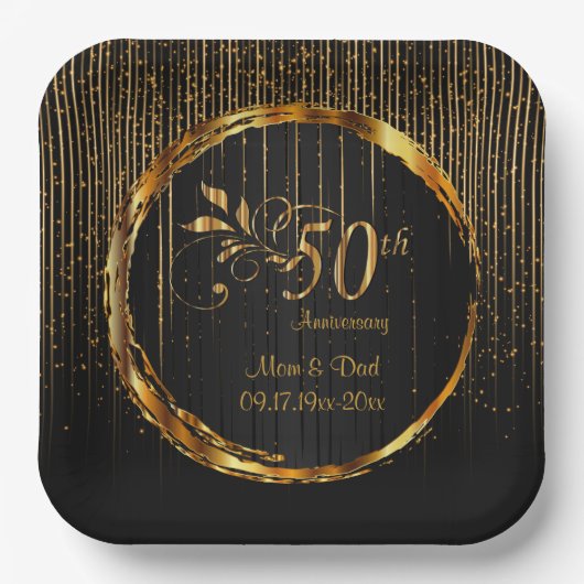 Jubileum voor 50e bruiloft met zwarte & goudsparkl papieren bordje (Voorkant)