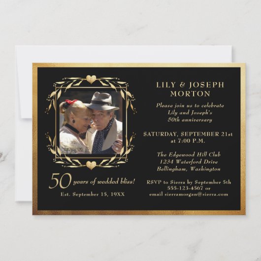 Jubileum voor 50e bruiloft zwart en goud Foto Kaart (Voorkant)