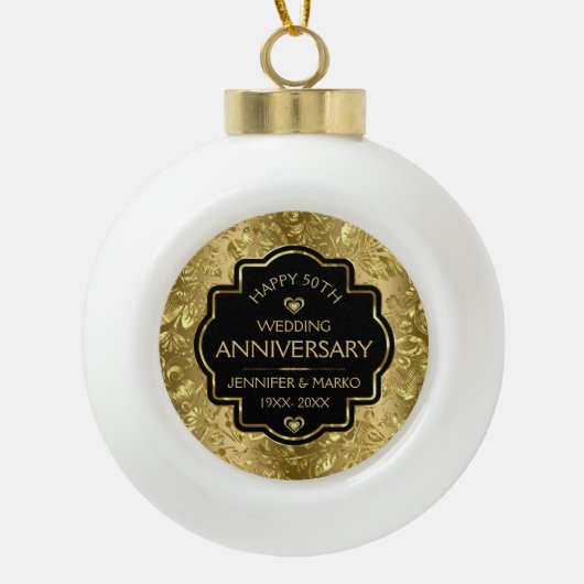 Jubileum voor 50e bruiloft zwart en gouden Damaske Keramische Bal Ornament (Voorkant)