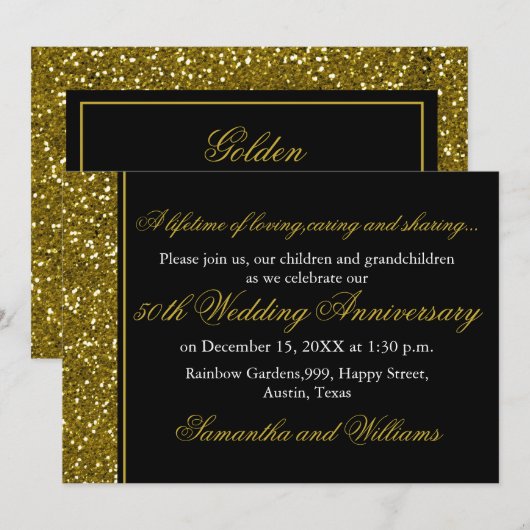 Jubileum voor 50e bruiloft zwart en goudglitter kaart (Voorkant / Achterkant)