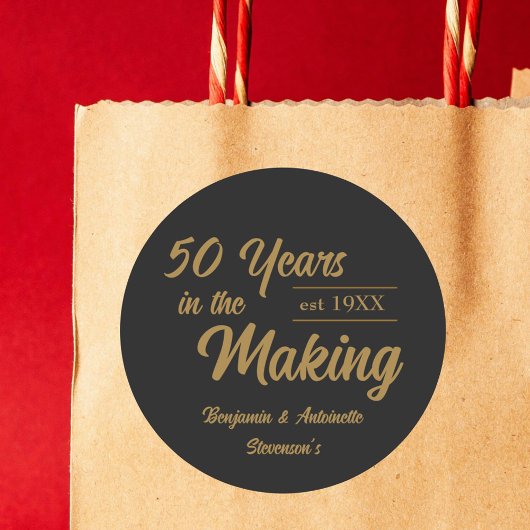 Jubileum voor 50ste bruiloft zwart en goud ronde sticker
