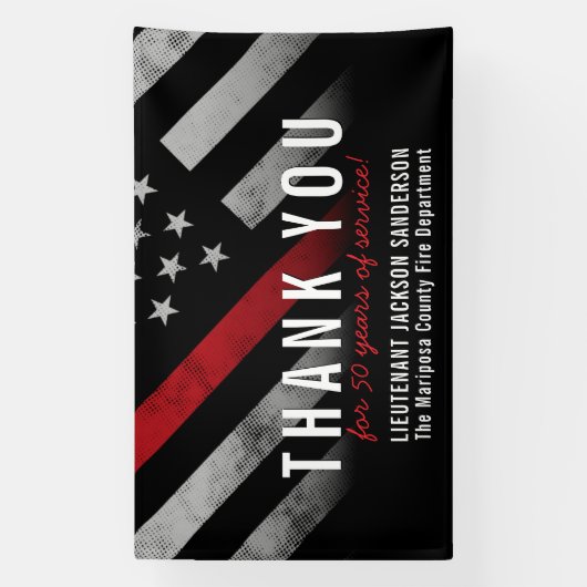 Jubileum voor afboeking van brandweerpersoneel met spandoek (Verticaal)