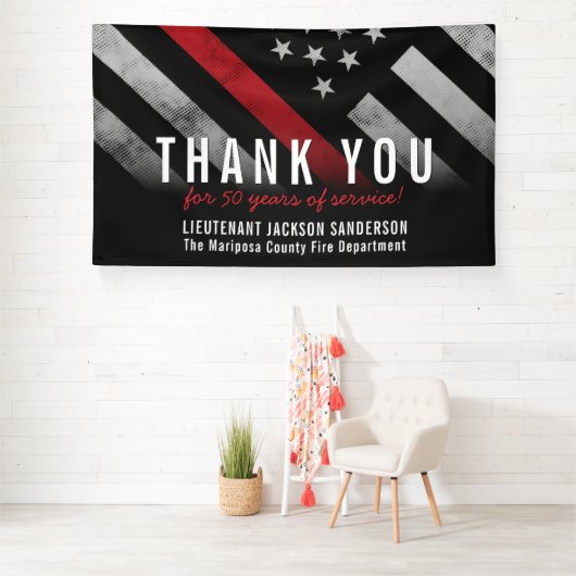 Jubileum voor afboeking van brandweerpersoneel met spandoek (Insitu)