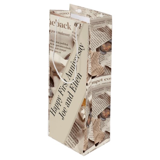 Jubileum voor eerste bruiloft bewerken wijn cadeautas (Voorkant Gekanteld)