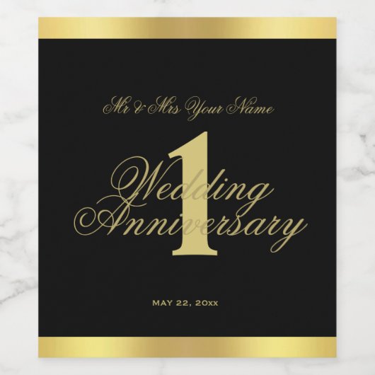 Jubileum voor eerste bruiloft - zwart en goudwinde wijn etiket