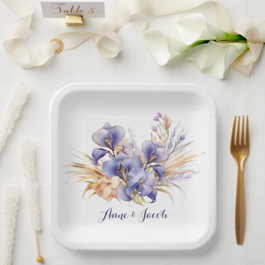 Jubileum Waterverf Paarse iris boeket Papieren Bordje (Huwelijk)