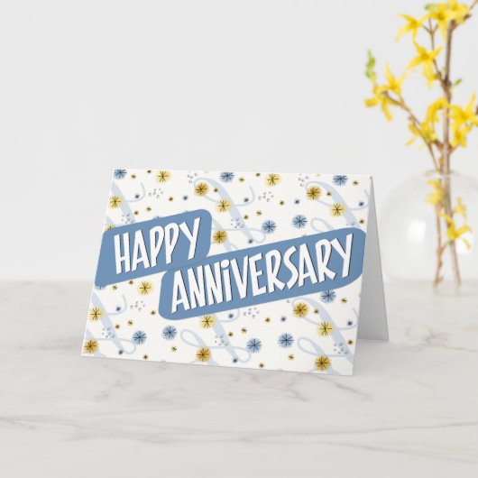Jubileum werknemer - Patroon in blauw en wit Kaart (Gele Bloem)