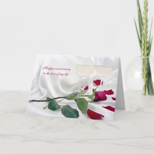 Jubileum wijn en roos op satin kaart (Voorkant)