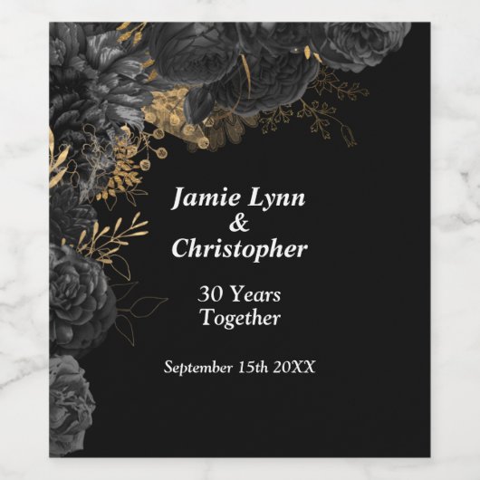 Jubileum Wijnlabel zwart Floral Weddenschap Wijn Etiket (Enkel label)