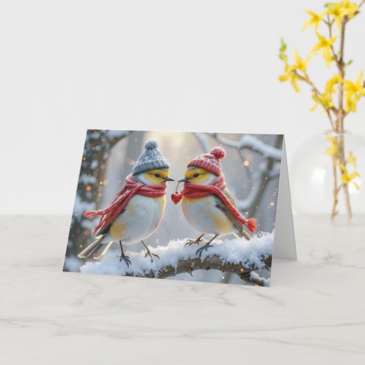 Jubileum wintervogels met rood hart kaart (Gele Bloem)