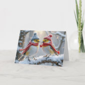 Jubileum wintervogels met rood hart kaart (Voorkant)