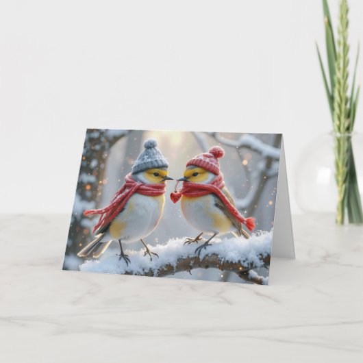 Jubileum wintervogels met rood hart kaart (Voorkant)