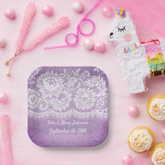 Jubileum witte rand op Paars papier Papieren Bordje (Feest)