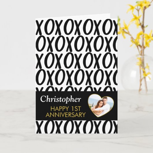 Jubileum XOXO Hugs Kisses Black White Foto Kaart (Gele Bloem)