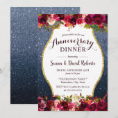 Jubileumdiner Bourgondische Bloem Navyblauw Kaart (Voorkant / Achterkant)