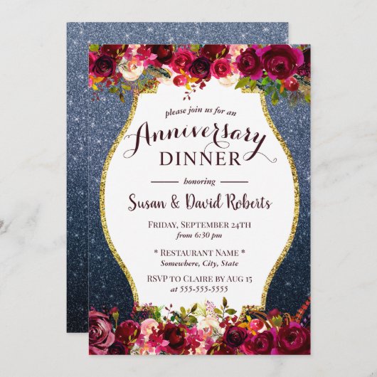 Jubileumdiner Bourgondische Bloem Navyblauw Kaart (Voorkant / Achterkant)