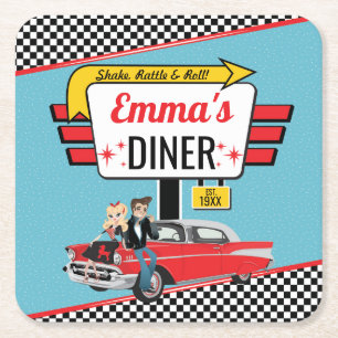 Jubileumfeest in jaren 50-retro diner, turkoois/ge kartonnen onderzetters