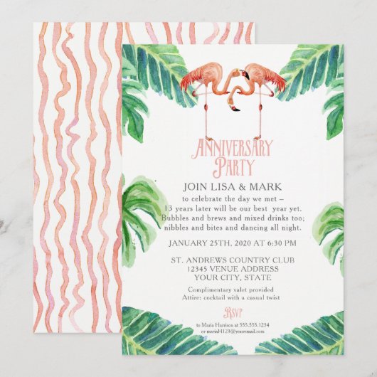 Jubileumfeest Roze Flamingo Blad Streep Kaart (Voorkant / Achterkant)