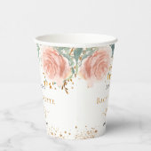 Jubileumfeest roze gouden bloemstuk met eucalyptus papieren bekers (Rechts)