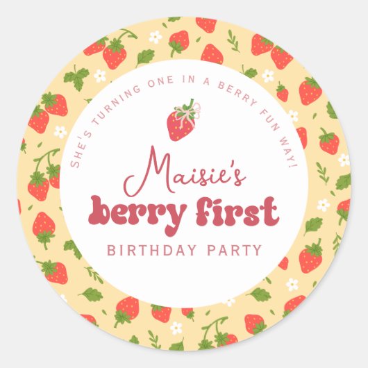 Jubileumfeestje 'Strawberry Berry' eerste verjaard Ronde Sticker (Voorkant)