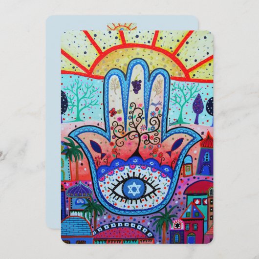 JUDAIC HAMSA BAT BAR MITZVAH INVITATIE KAART (Voorkant / Achterkant)