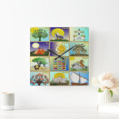 Judaica 12 Israëlische kunstpanelen Vierkante Klok (Huis)