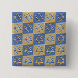 Judaica Davidster Metaal Goud Blauw Vierkante Button 5,1 Cm