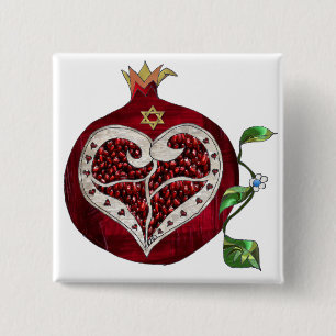 Judaica Granaatappel Hart Hanukkah Rosh Hashanah Vierkante Button 5,1 Cm