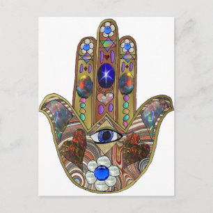 Judaica Hamsa Harten Bloemen Opal Kunstprint Briefkaart
